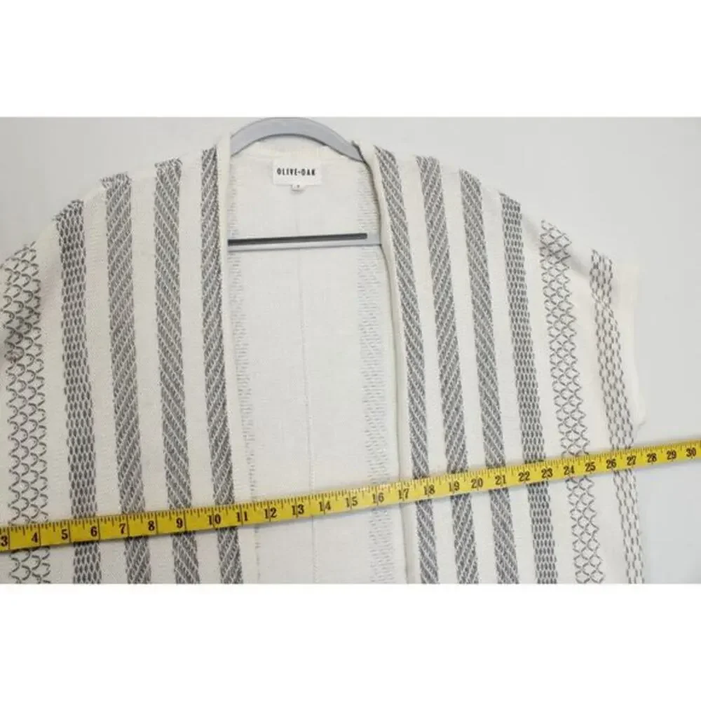 Olive +‎ Oak Open Front Fringe Cardigan Women M Cream Gray Striped Boho Kimono